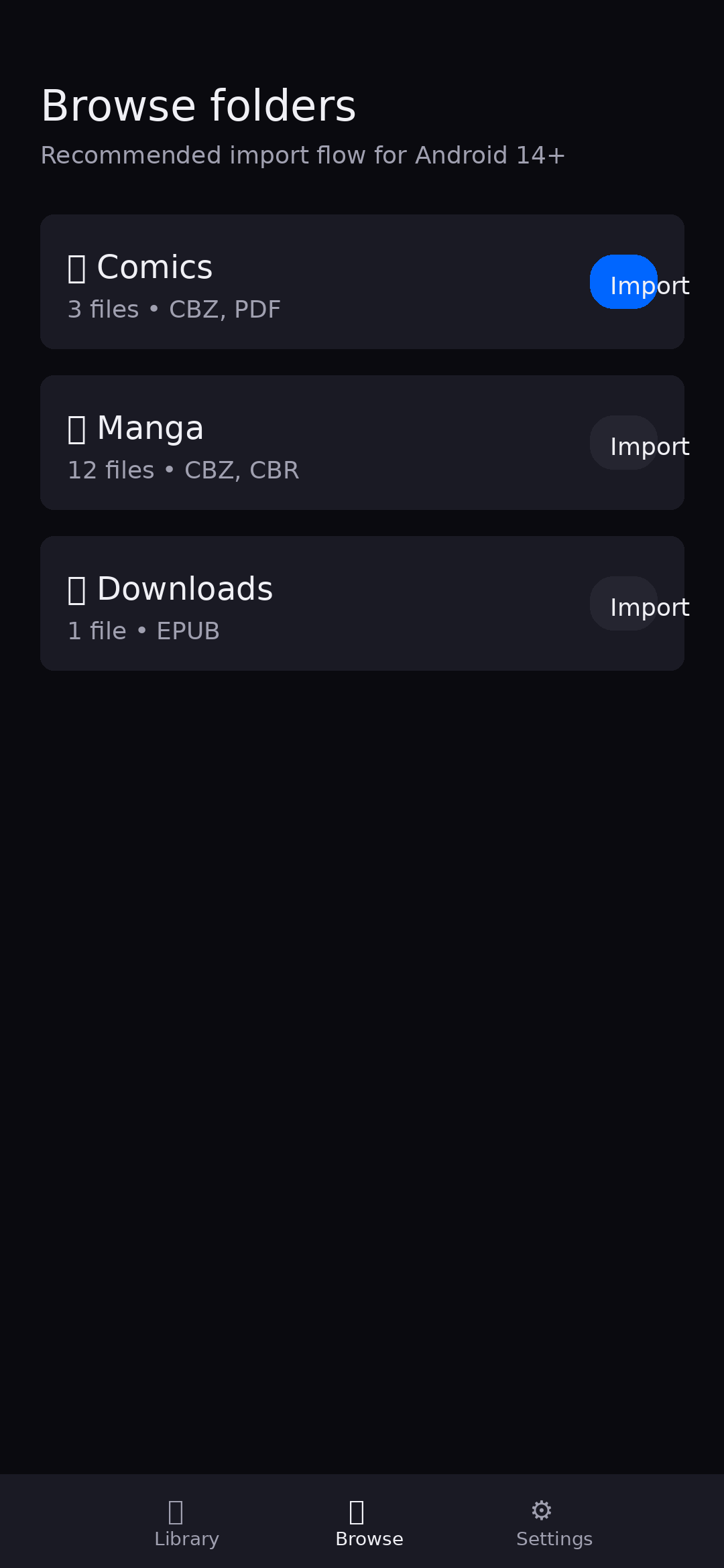 Browse folders screen