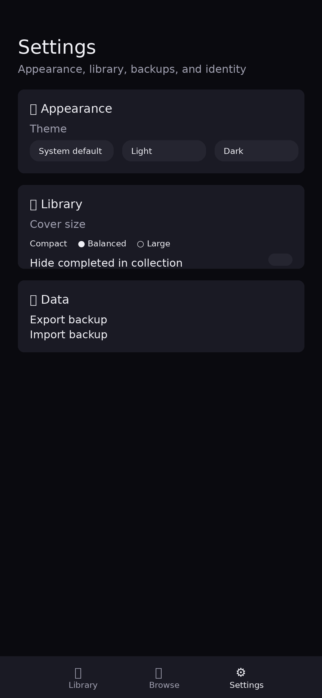 Settings screen